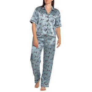 TART M L Seafoam Blue Black Bird in the Stars Print Satin Short Sleeve Pants PJ